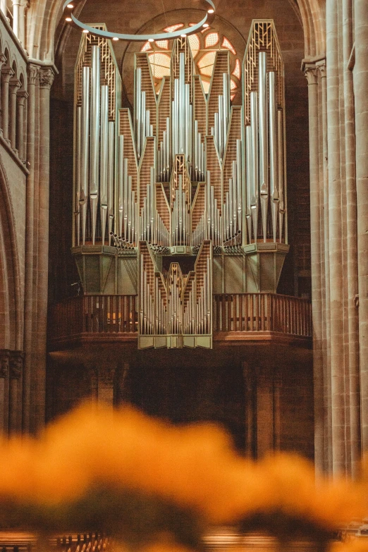 an organ sitting in the corner of a church