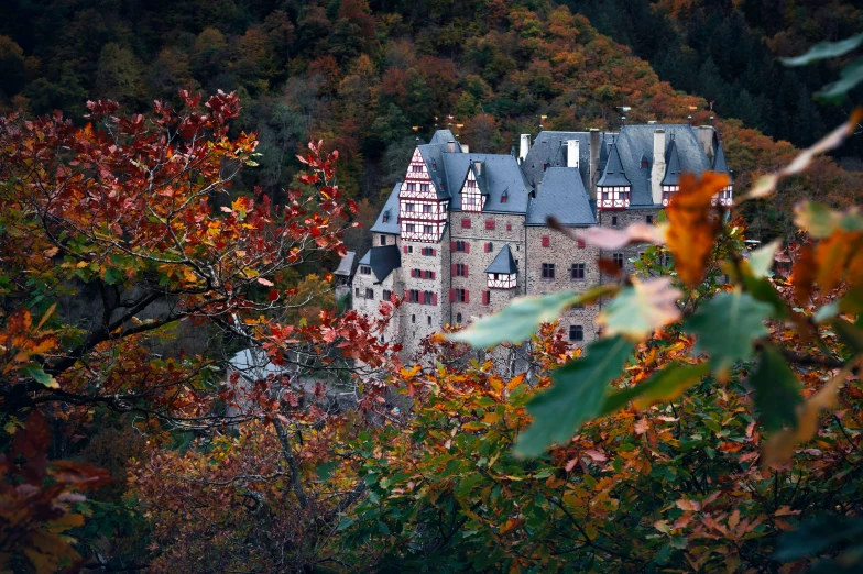 a very tall castle with a clock tower surrounded by trees