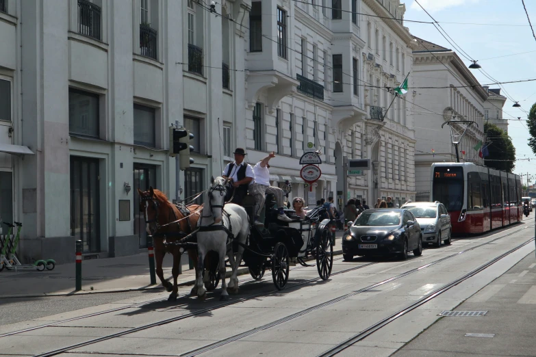 horse drawn carriages and traffic on a city street