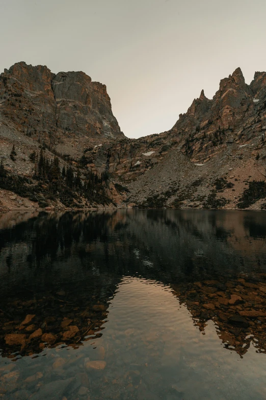 a mountain lake reflecting in the water