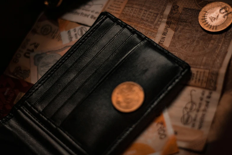 two gold coins laying on top of a wallet