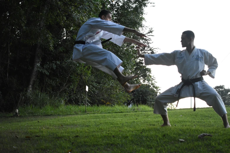 two men are doing karate on the field