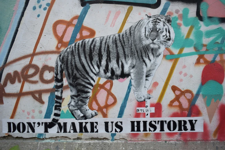 a white tiger standing on top of a graffiti covered wall