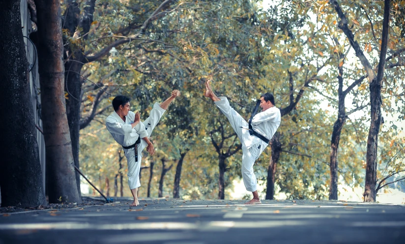 two men in black and white karate costumes doing martial moves