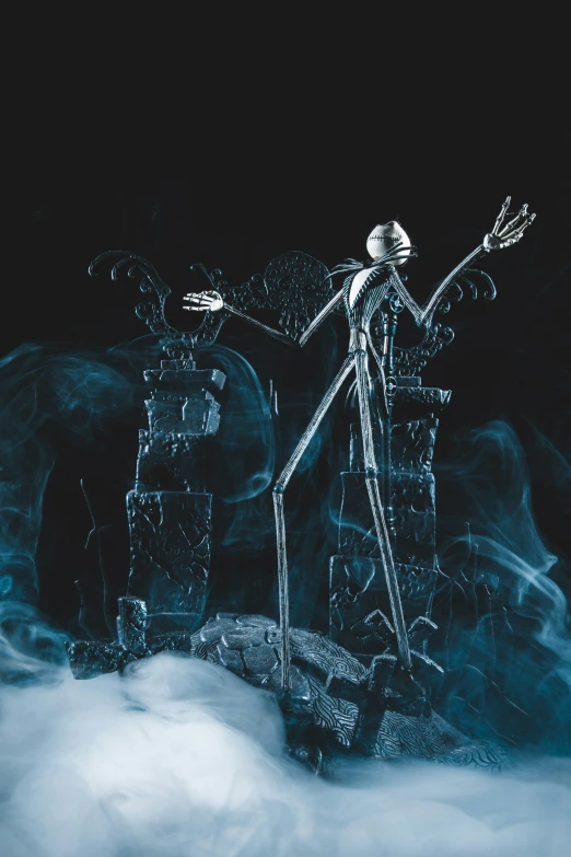 two skeletons in the clouds with their arms in the air