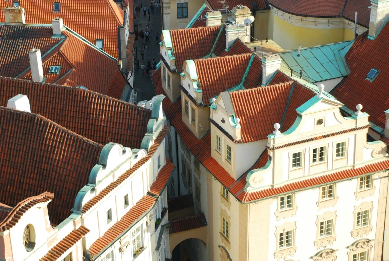 a view from above of a cathedral, some with red tile roofs