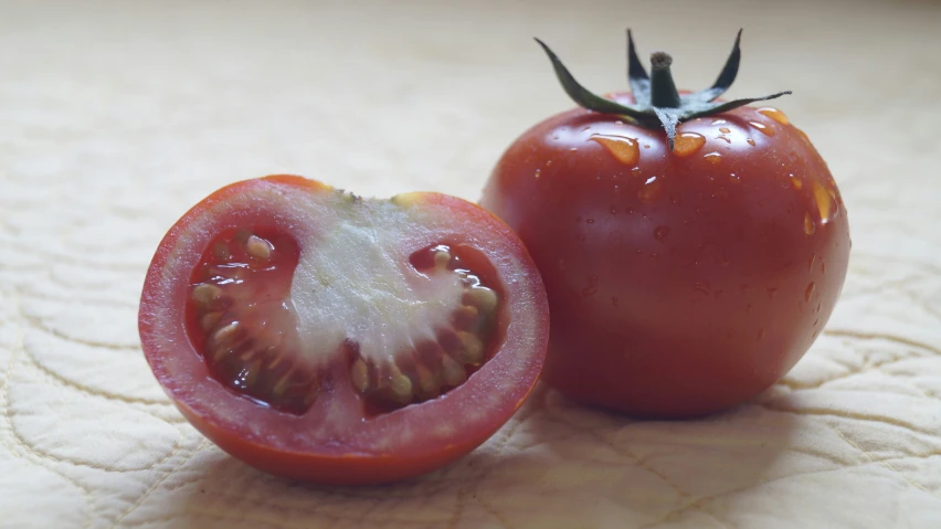 a half eaten tomato sits on a quilted surface