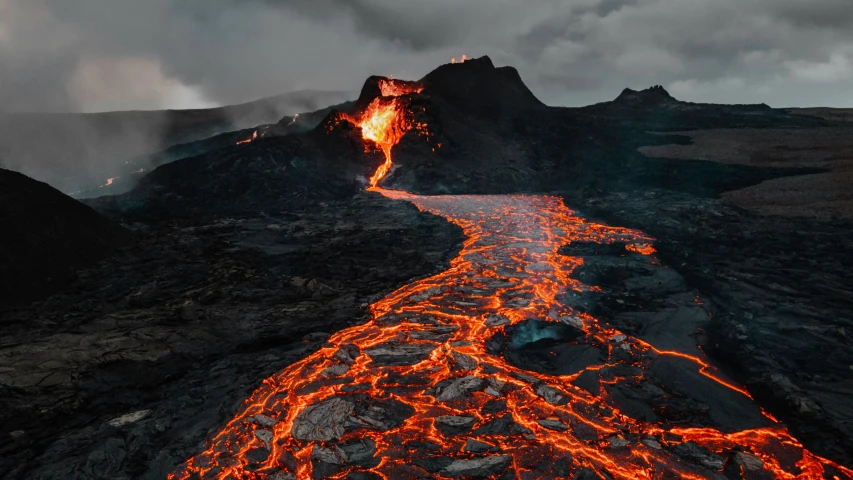 lava flow and lava on the surface of a mountain