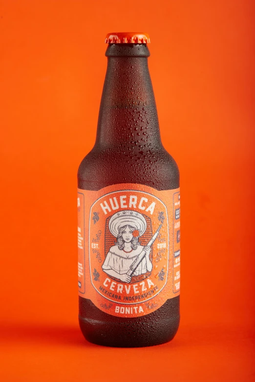 a bottle of beer on an orange background