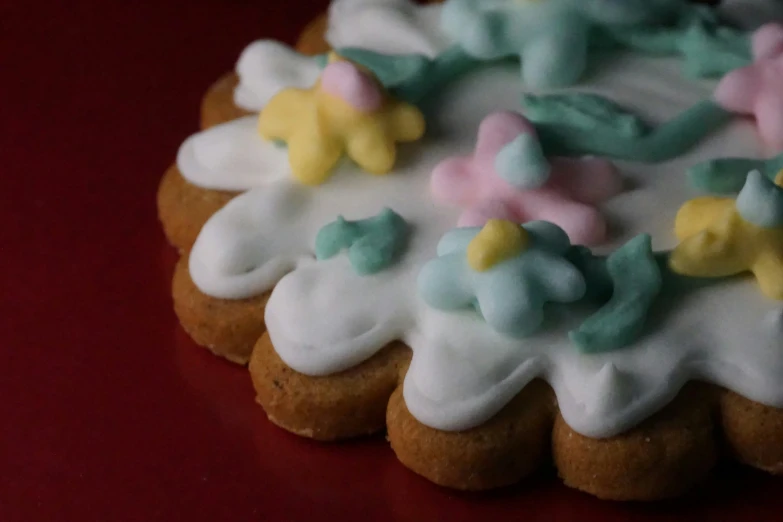 there is a red tray with some decorated cookies