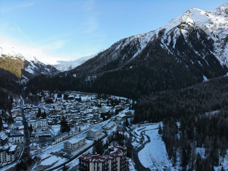 a snowy mountain and some buildings and trees