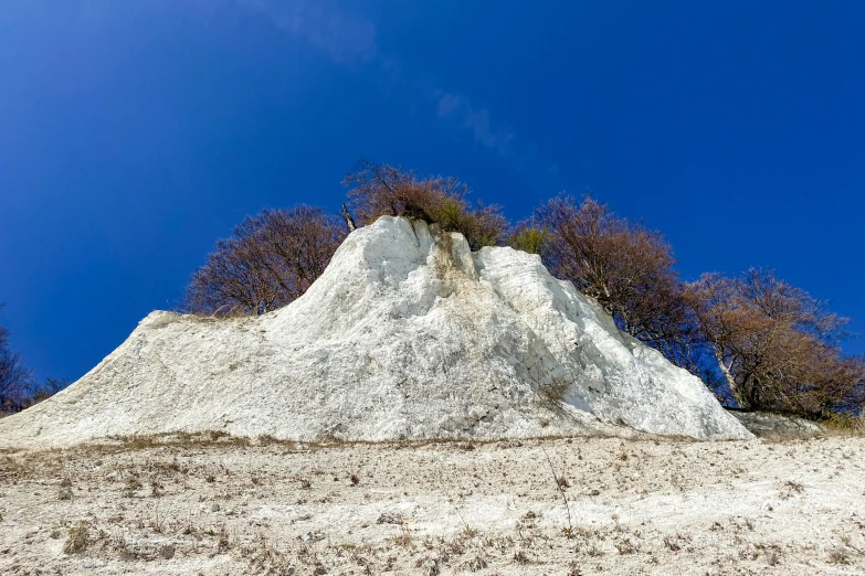 a hill of white sand with trees on top