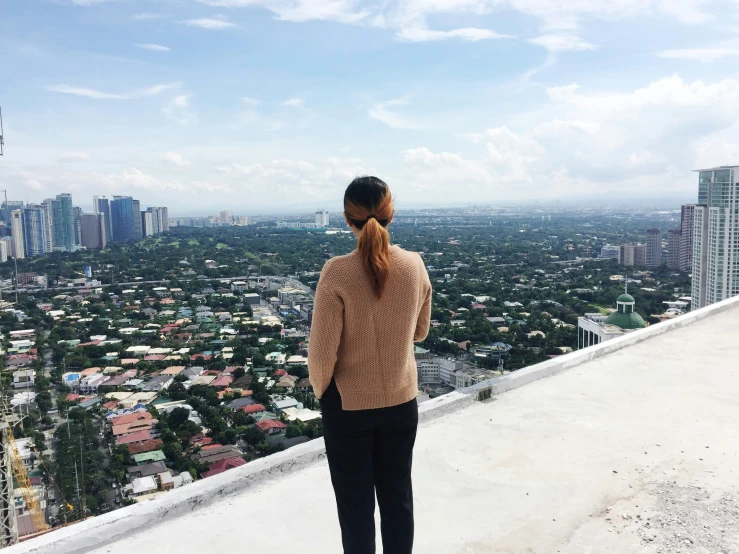 a person looks out over a city from atop a high building