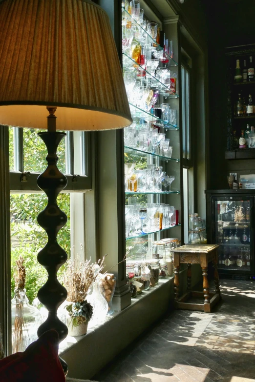 an ornate lamp is in the middle of a room