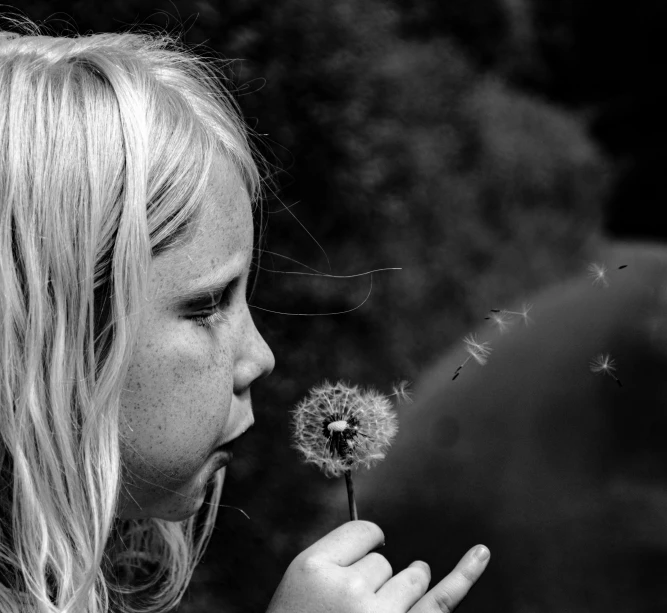 a close up of a child blowing on a dandelion