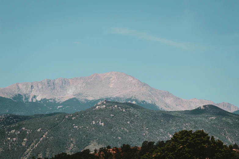 a mountain covered in snow, the tops of some trees