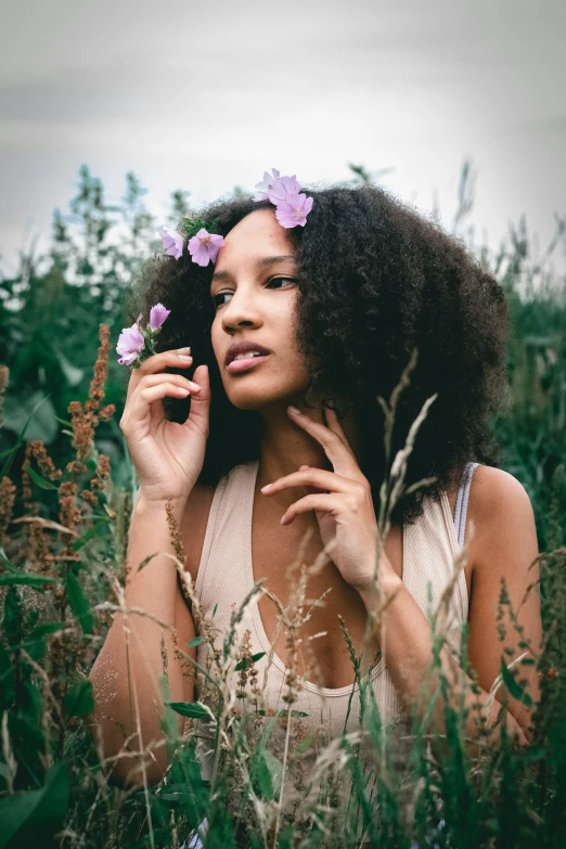 a  stands among tall grass and purple flowers