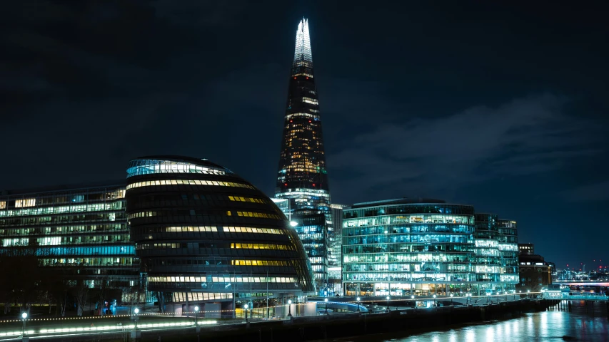 the skyline of the city lit up at night