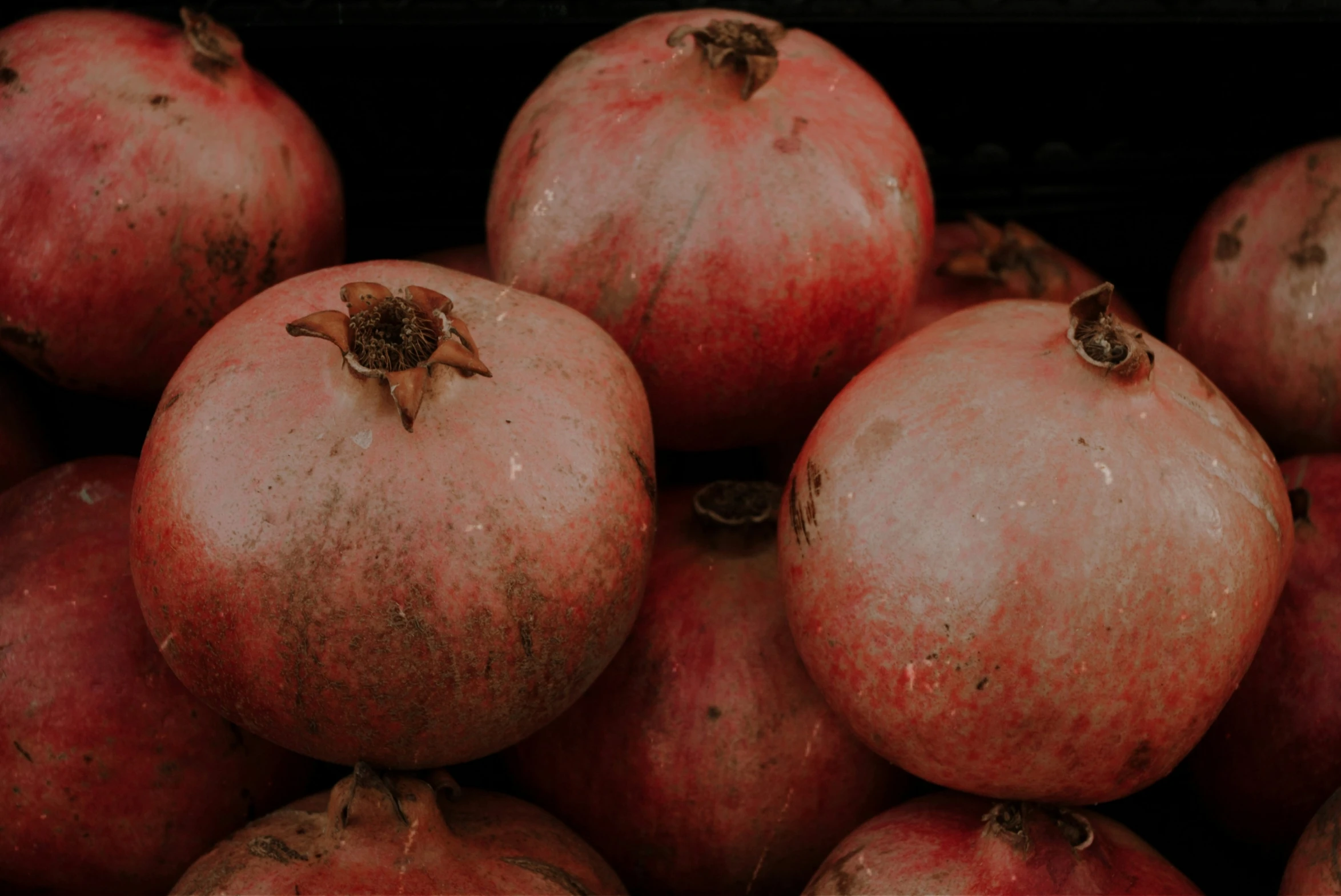 some pomegranates sitting in a pile with some brown stuff all over them