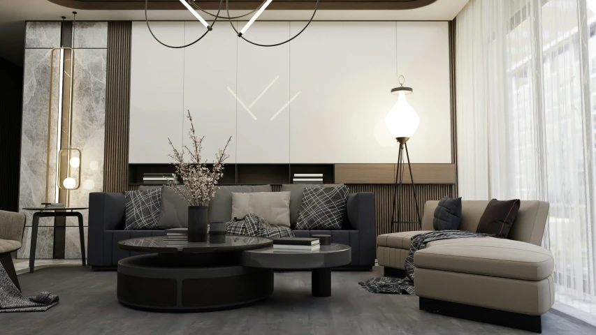 a living room with black accents and brown furniture
