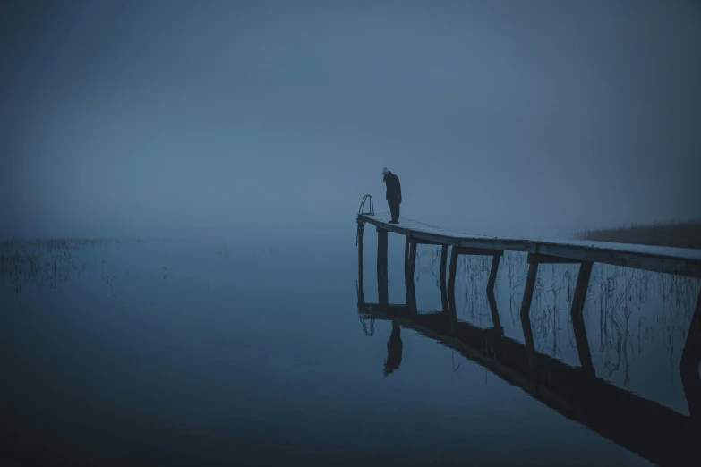 an eagle standing on top of a pier in the fog