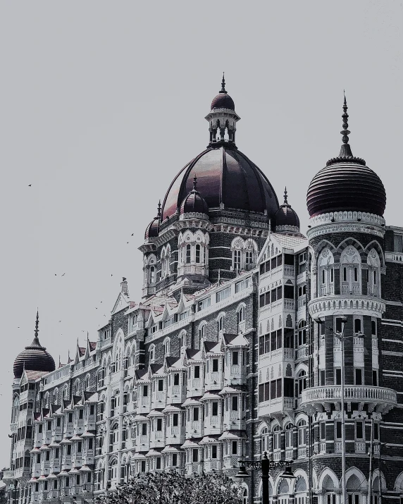 a black and white po of a building with domes