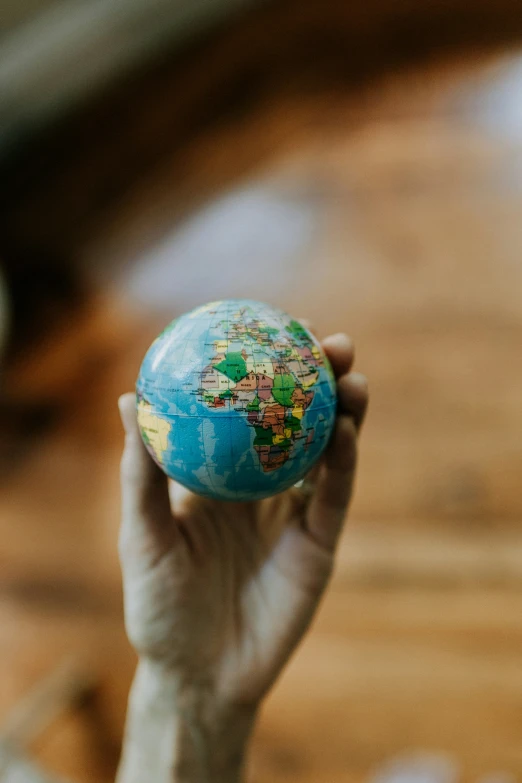 a person holding a small globe up to their face