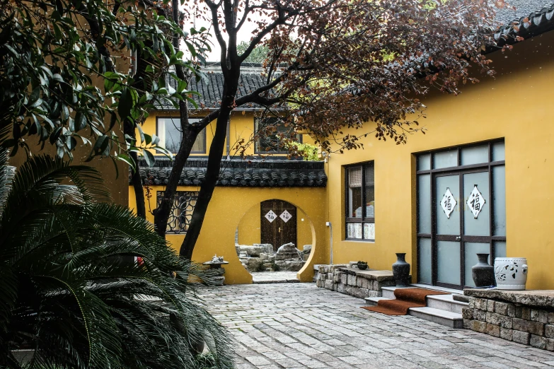 an image of a courtyard area with seating