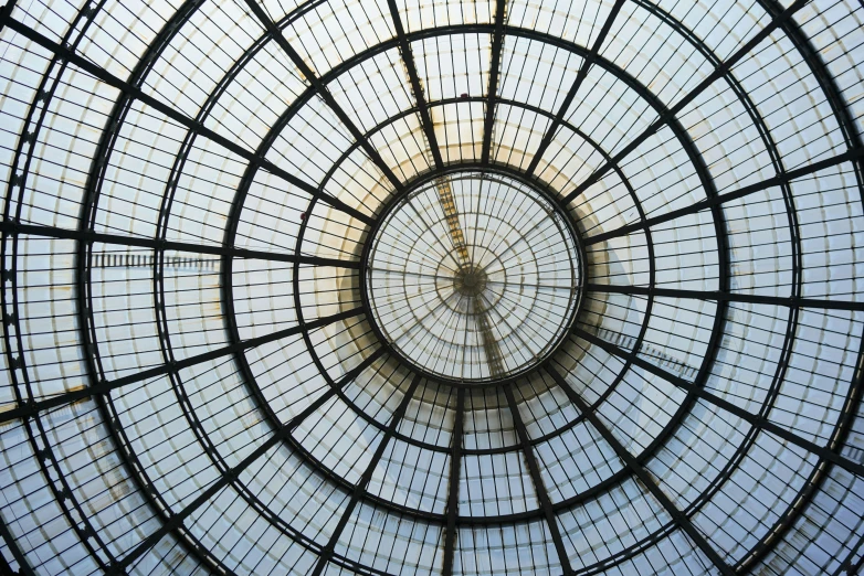 inside a domed glass building with some light coming through