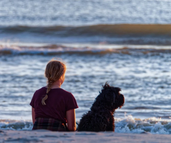 a young person sitting with a dog on a beach