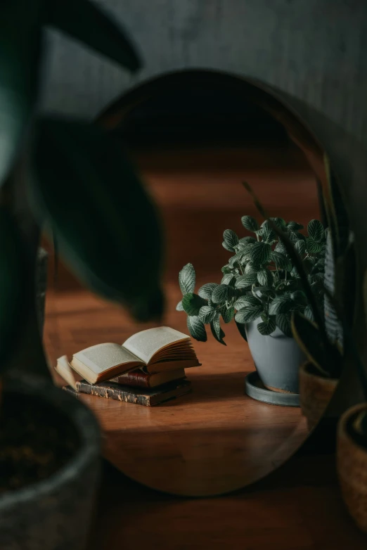 a book is on a wooden table in front of a mirror