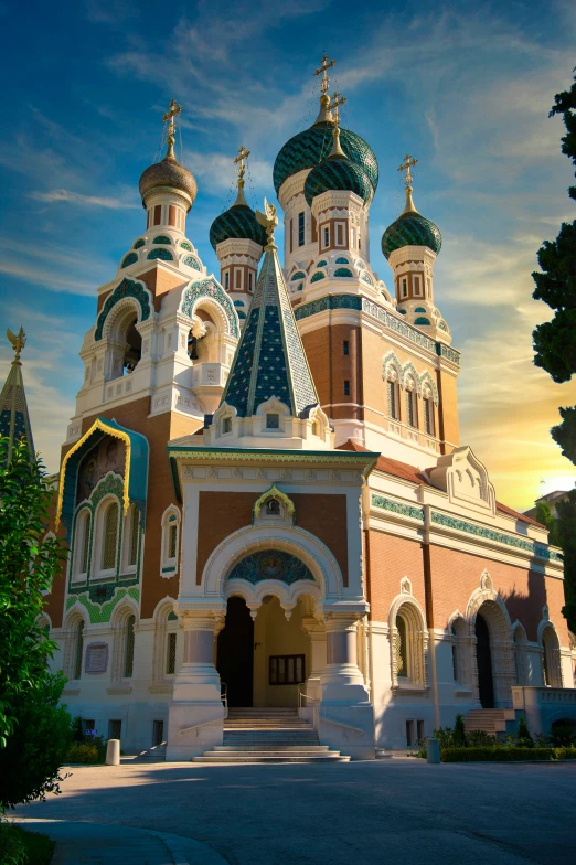 a church with blue and white spires under a blue sky