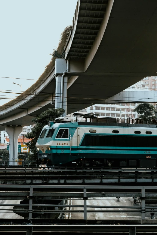 a train on the tracks beneath a bridge