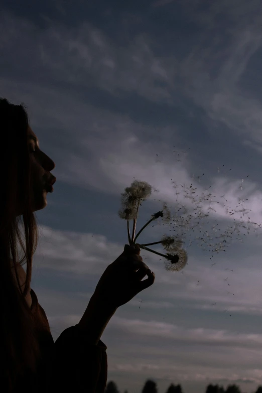 a girl holding a dandelion at night as she holds it up