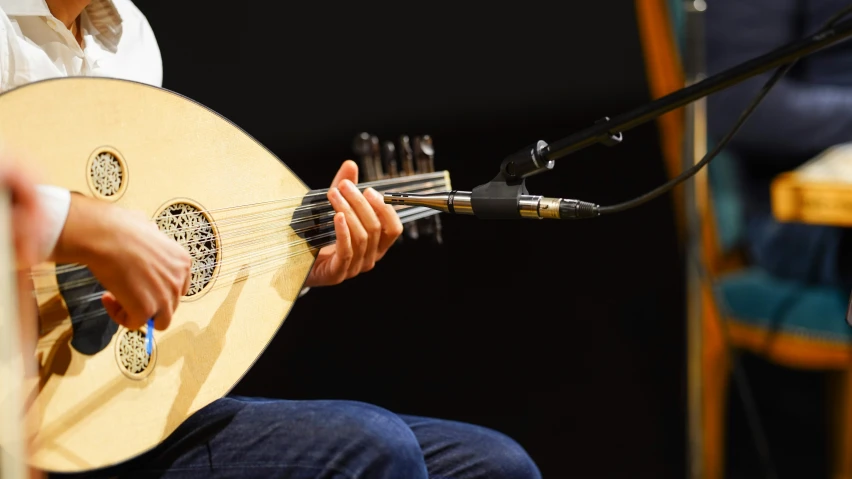 an acousticist playing the mandolin with her legs