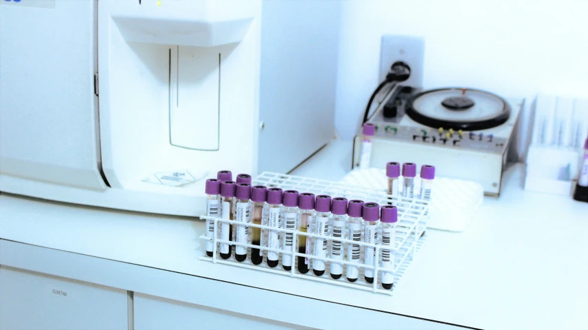 purple liquids sitting in a rack next to a counter top