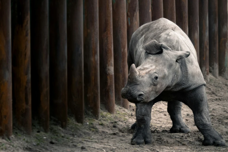 an image of a rhino walking near the trees