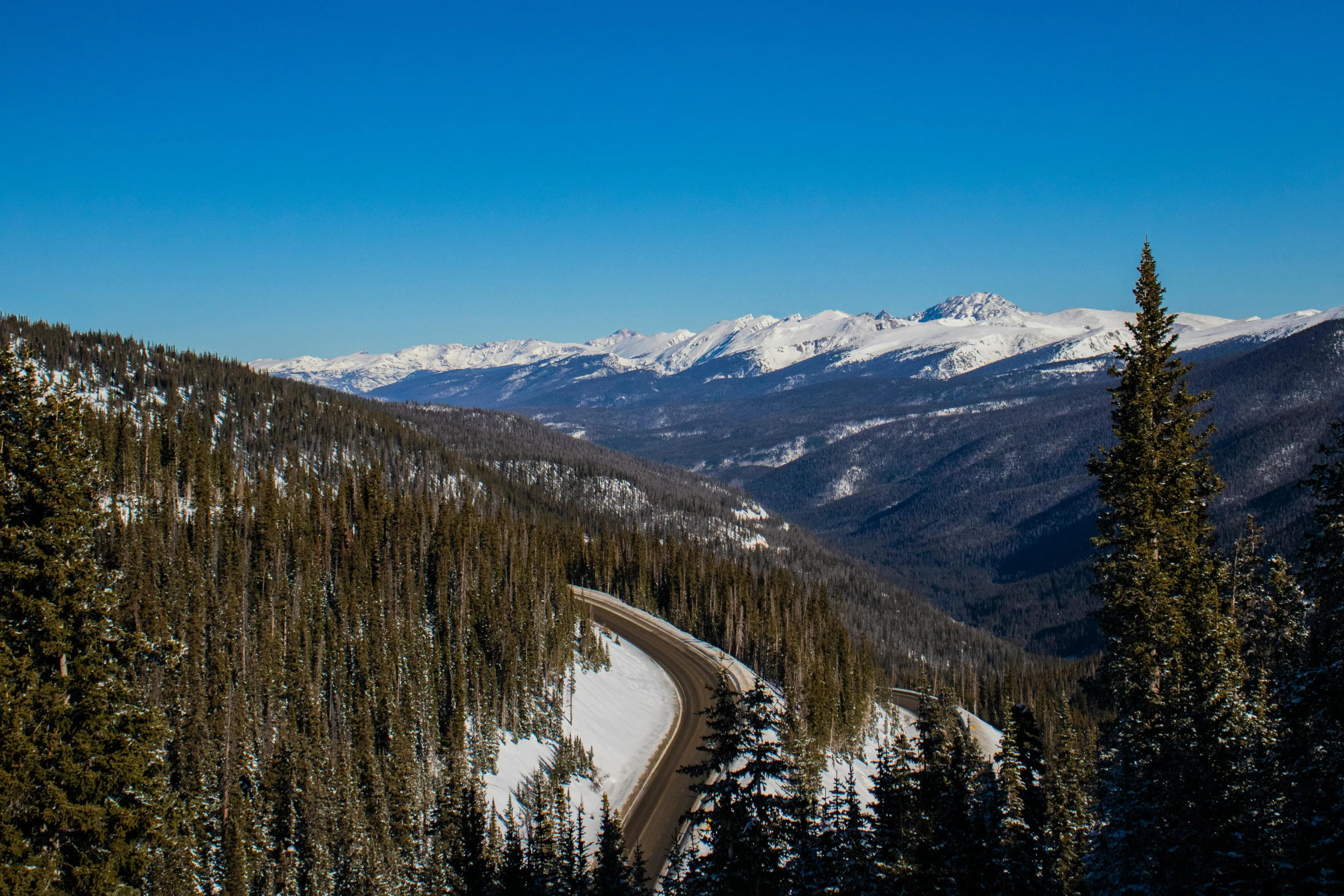 snow capped mountains and evergreen trees line the valley floor