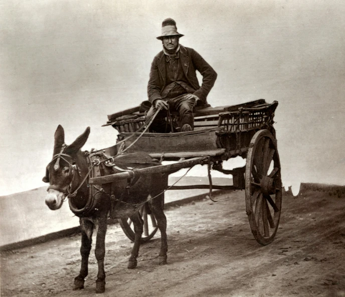 a man in hat and uniform sitting on top of a carriage being pulled by a donkey