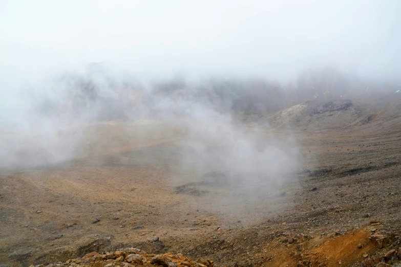 an outdoor area in the fog with grass and rocks