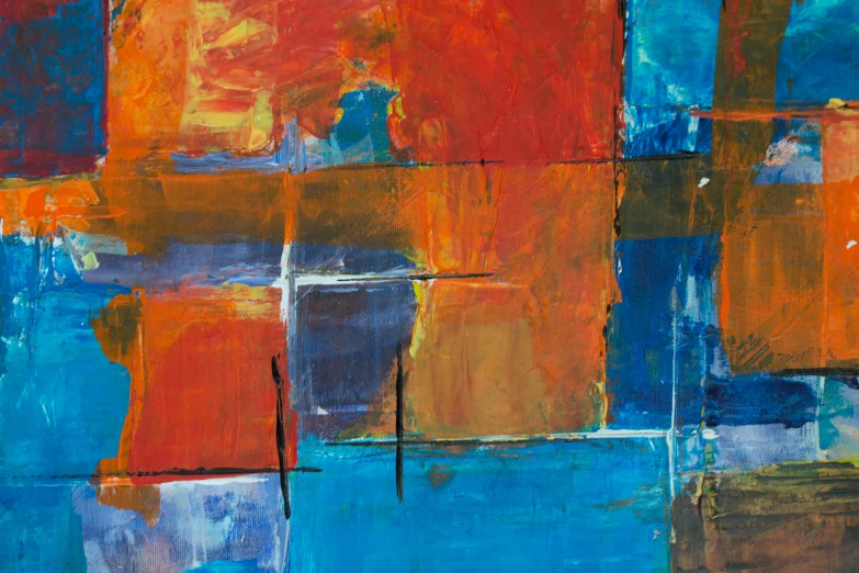 an abstract painting of blue and orange squares