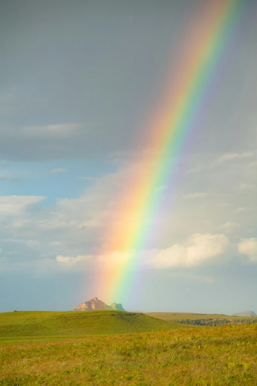 a rainbow appears over a large, grassy field