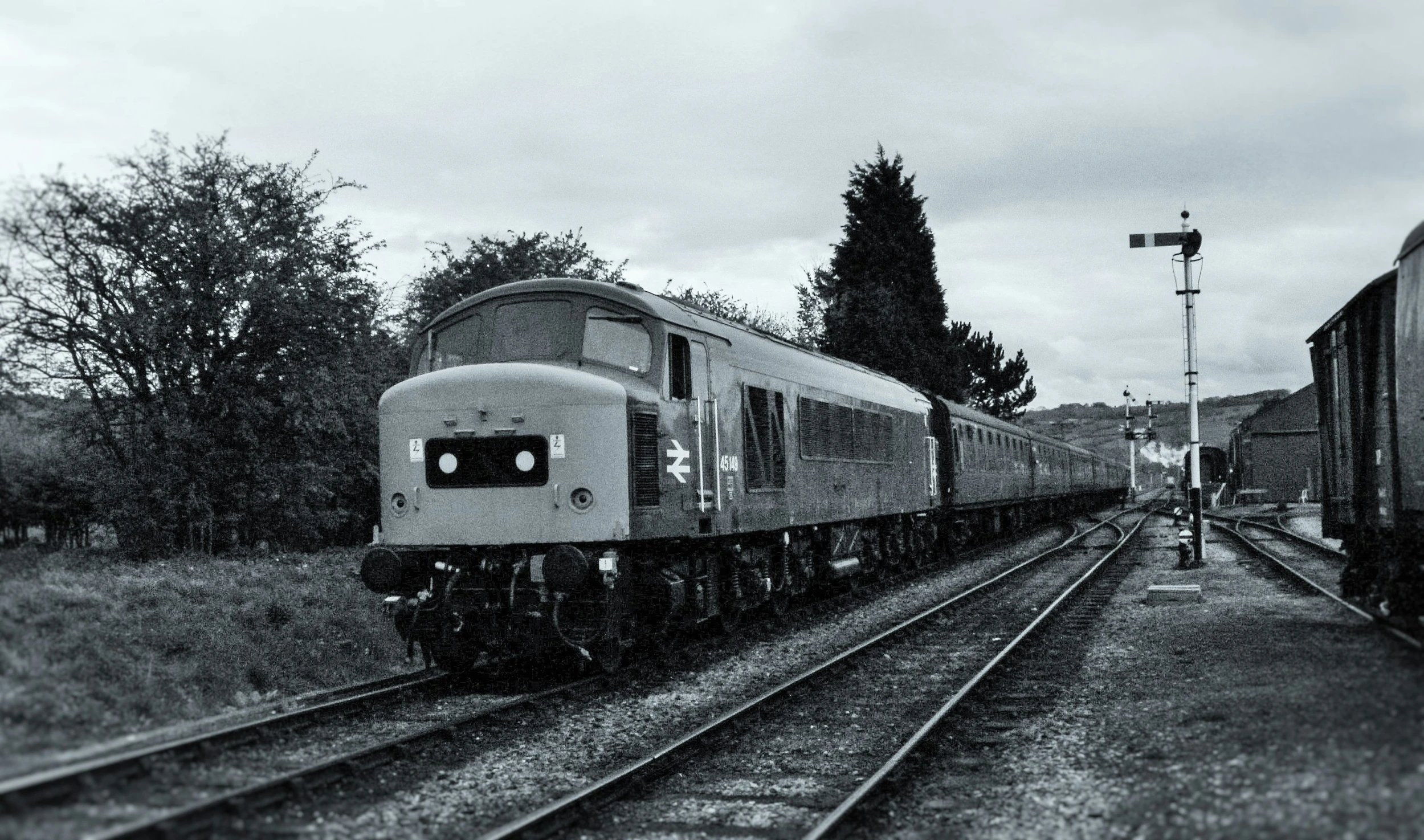 a silver train traveling past train tracks near a forest