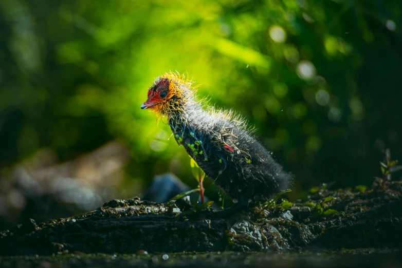 there is a small bird that has spiky hair on it