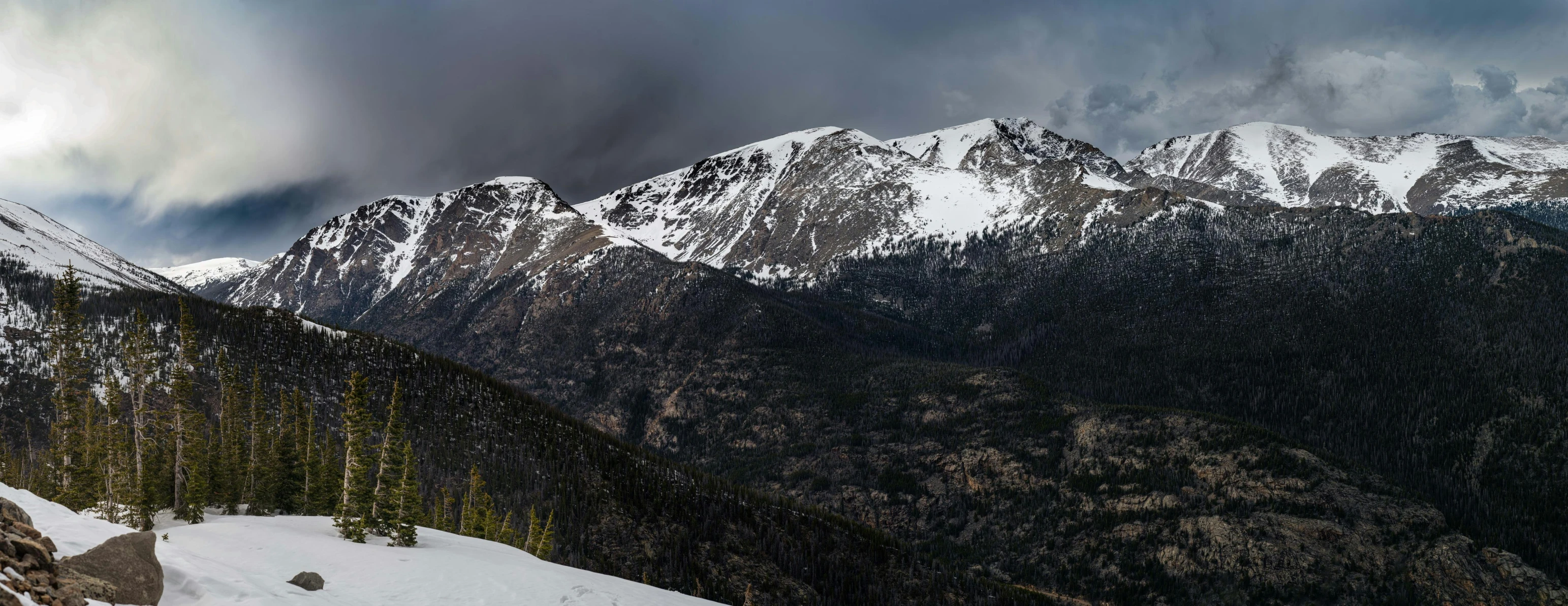 a snowy mountain range with evergreens and dark clouds