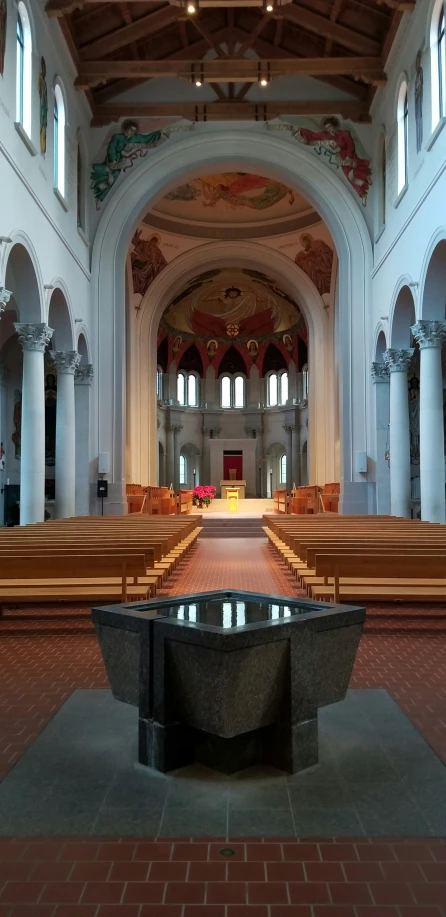 inside an old church, there is no chandelier