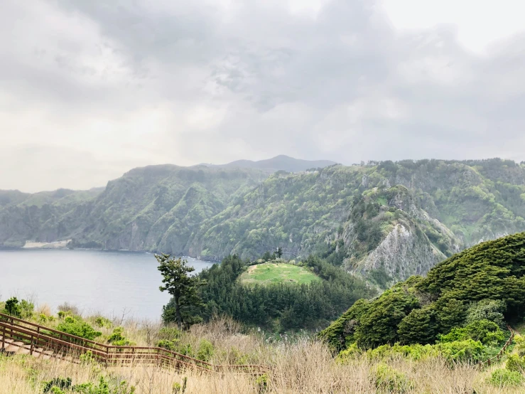 a grassy hillside overlooking a large body of water