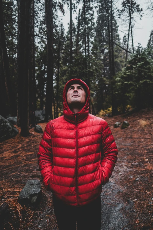 a man wearing a red jacket in the middle of a forest