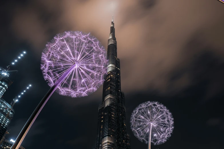 fireworks explode around the burj tower in the city at night