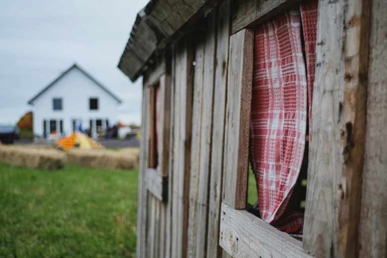 a small barn is boarded up and has a red curtain pulled back